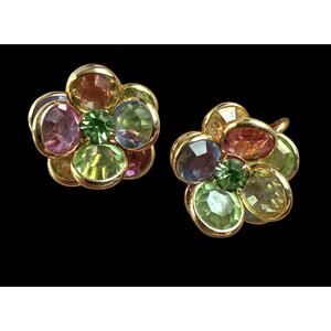 Vintage Swarovski Crystal Clip On Earrings Floral Gold Tone